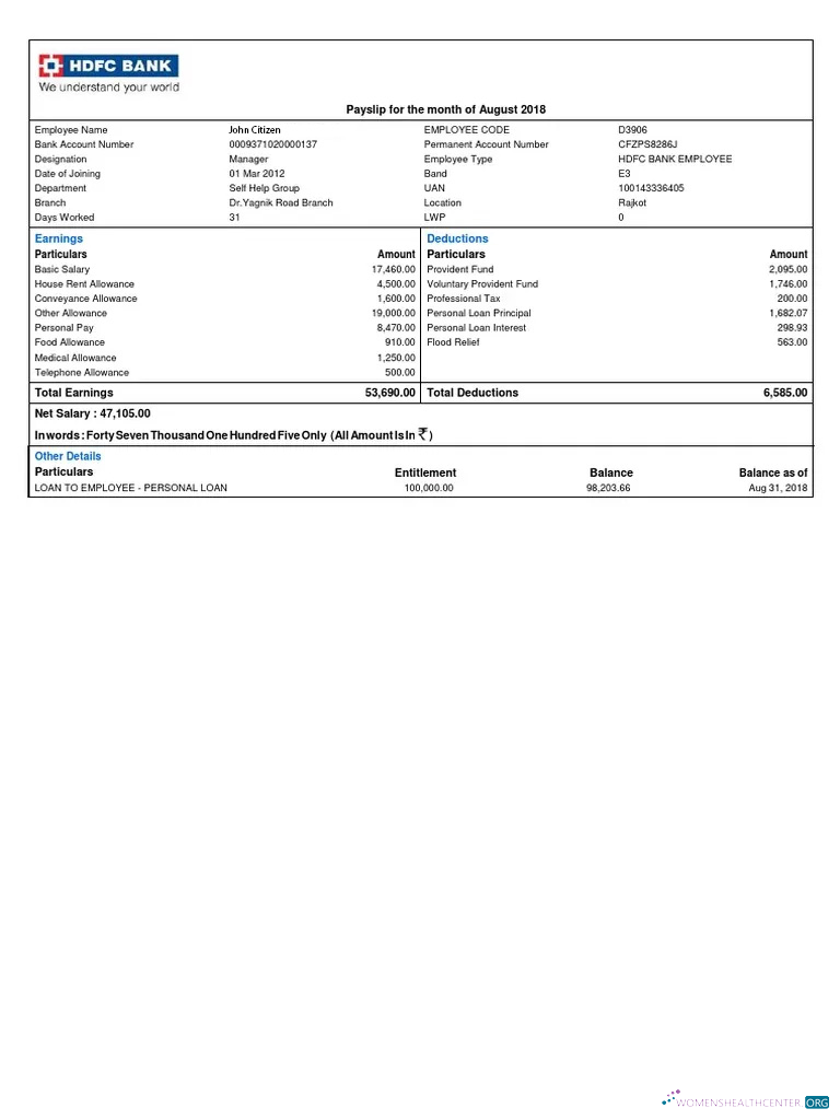 Download INDIA HDFC bank payslip template in Word and PDF formats Photoshop template